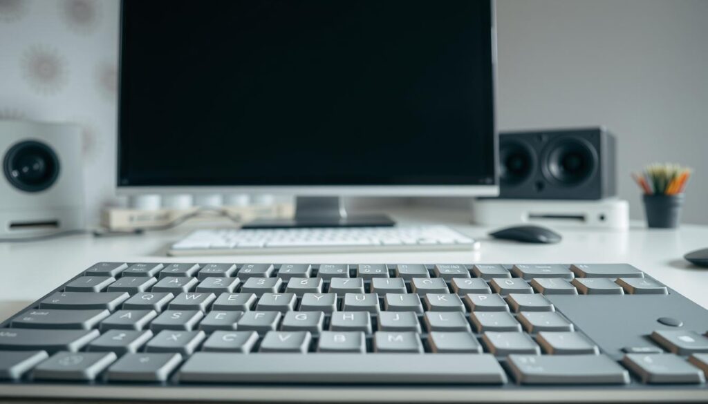 A brightly lit home office scene, with a computer desk featuring a modern, minimalist keyboard in the foreground. The keyboard is the primary focus, showcasing the various function keys and modifier keys like Ctrl, Alt, and Windows. The background features a clean, uncluttered wall with subtle patterns or textures, creating a professional and organized atmosphere. The lighting is soft and diffused, highlighting the textures and details of the keyboard. The overall composition emphasizes the importance of keyboard shortcuts in productive and efficient computer use.