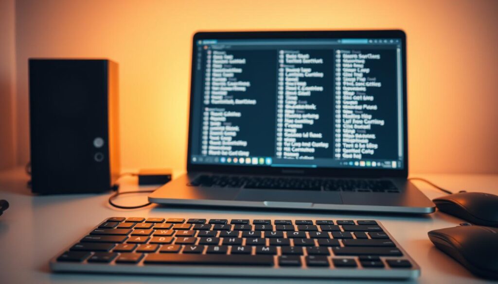 A clean, minimalist desktop workspace with a laptop, keyboard, and mouse against a soft, blurred background. The laptop screen displays a grid of keyboard shortcuts, each neatly labeled. Warm, indirect lighting illuminates the scene, creating a calm, productive atmosphere. The keyboard is in the foreground, with its keys highlighted to draw attention to the shortcuts. The overall composition emphasizes the importance of keyboard productivity tools for the modern PC user.
