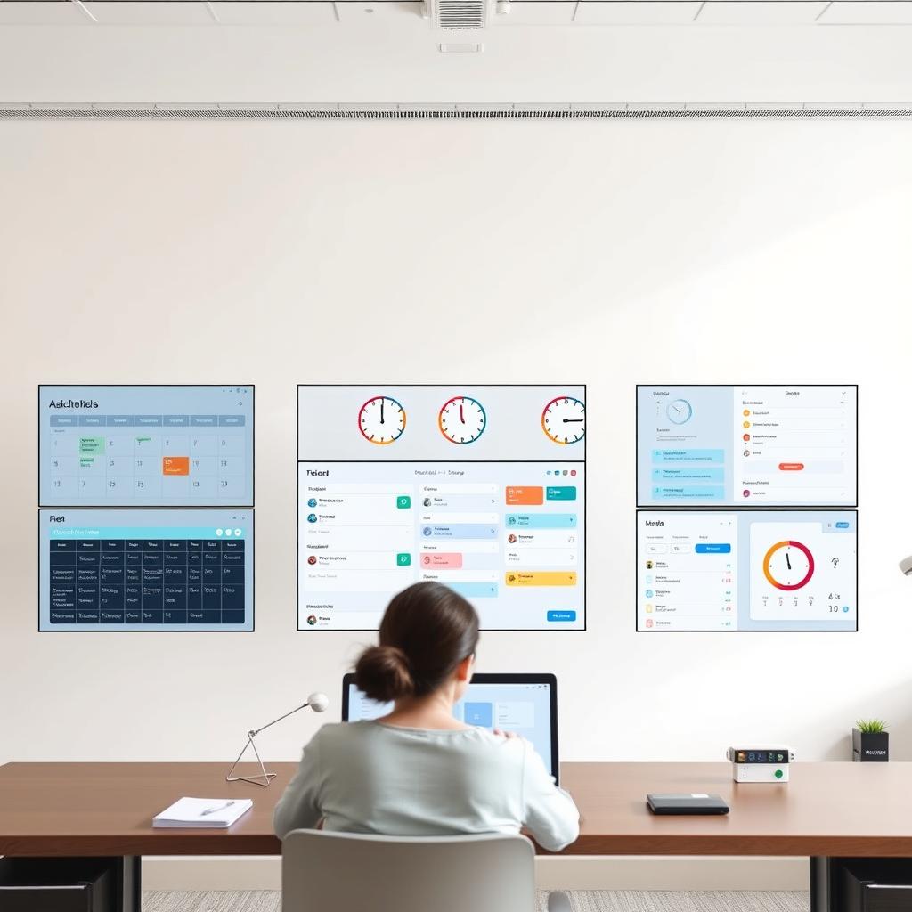 A digital workspace with a well-organized calendar, task manager, and time-tracking tools. In the foreground, a person sitting at a desk, laptop open, focused on their work. The middle ground features various productivity apps, timers, and to-do lists displayed on multiple screens. The background depicts a clean, minimalist office environment with natural lighting and muted tones, creating a serene and efficient atmosphere. The image conveys a sense of control, organization, and work-life balance, highlighting the power of digital tools to optimize time management and boost productivity.