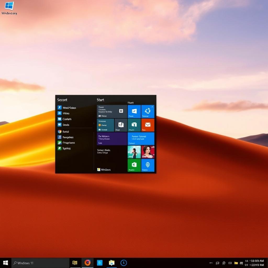 A sleek and modern Windows 11 desktop, with a vibrant and customized user interface. In the foreground, the taskbar is neatly organized, featuring a clean and minimalist design. The desktop wallpaper showcases a serene landscape, with a warm and inviting color palette. The icons on the desktop are arranged in a visually appealing layout, reflecting the user's personalized preferences. In the middle ground, the Start menu is open, displaying a range of customized tiles and shortcuts, tailored to the user's needs. The overall atmosphere is one of efficiency and personalization, capturing the essence of the Windows 11 experience.