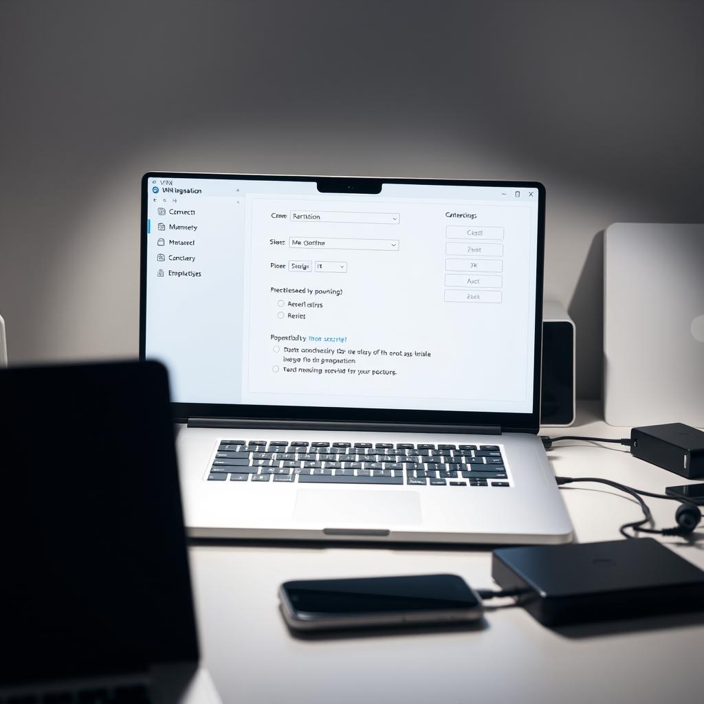A well-lit office desk with a laptop, smartphone, and peripheral devices. On the laptop screen, a VPN configuration interface is displayed, showcasing connection settings, protocol options, and security features. The desk surface is clean and organized, with a minimal, professional aesthetic. Soft, directional lighting from the side creates depth and highlights the technology. The overall mood is one of productivity, security, and control over one's digital environment.